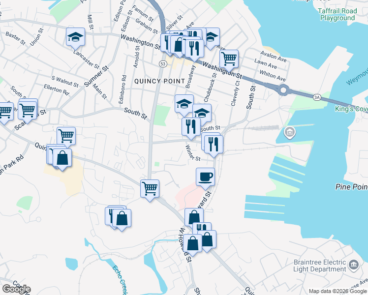 map of restaurants, bars, coffee shops, grocery stores, and more near 33 Winter Street in Quincy