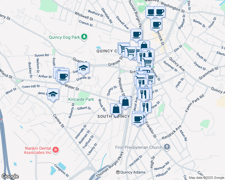 map of restaurants, bars, coffee shops, grocery stores, and more near 92 Quincy Street in Quincy