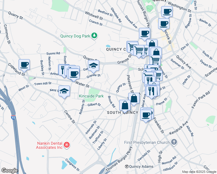 map of restaurants, bars, coffee shops, grocery stores, and more near 291 Water Street in Quincy