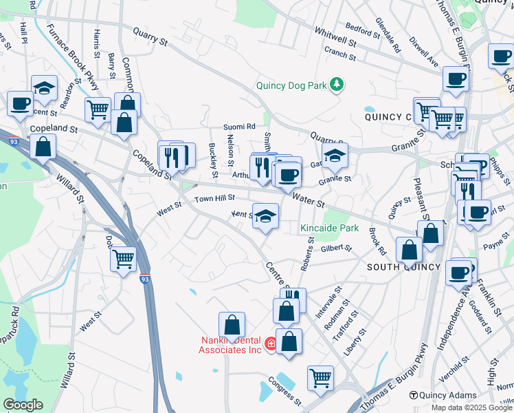 map of restaurants, bars, coffee shops, grocery stores, and more near 47 Kent Street in Quincy