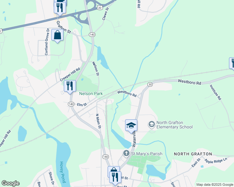 map of restaurants, bars, coffee shops, grocery stores, and more near Westboro Road in Grafton