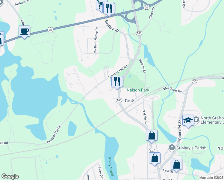 map of restaurants, bars, coffee shops, grocery stores, and more near 7 Matthew Circle in Grafton