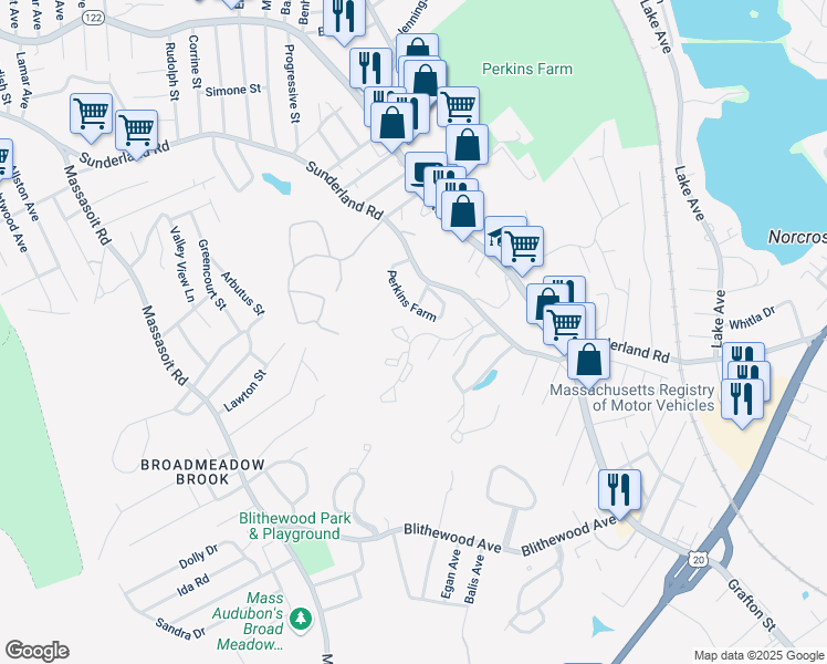 map of restaurants, bars, coffee shops, grocery stores, and more near Sunderland Woods in Worcester