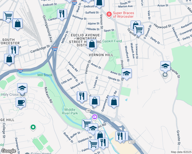 map of restaurants, bars, coffee shops, grocery stores, and more near 33 Louise Street in Worcester