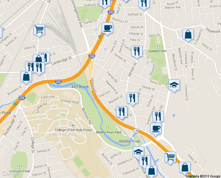 map of restaurants, bars, coffee shops, grocery stores, and more near 11 Fifth Avenue in Worcester