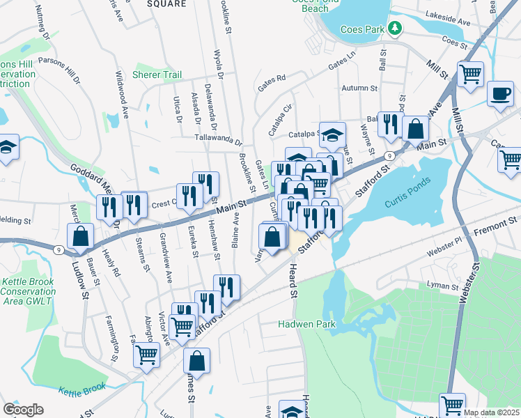 map of restaurants, bars, coffee shops, grocery stores, and more near 17 Cleveland Avenue in Worcester