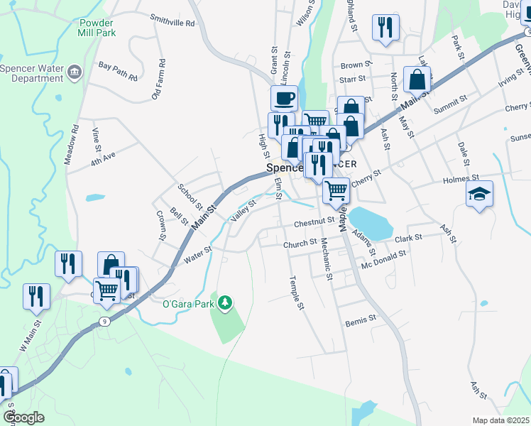 map of restaurants, bars, coffee shops, grocery stores, and more near 21 Pearl Street in Spencer