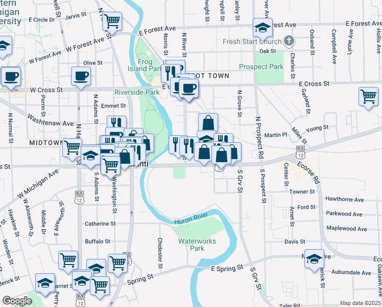 map of restaurants, bars, coffee shops, grocery stores, and more near 8 North River Street in Ypsilanti