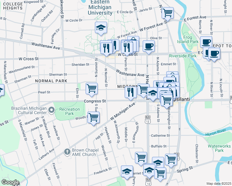map of restaurants, bars, coffee shops, grocery stores, and more near 702 Congress Street in Ypsilanti