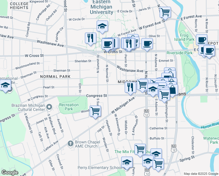 map of restaurants, bars, coffee shops, grocery stores, and more near 11 North Normal Street in Ypsilanti