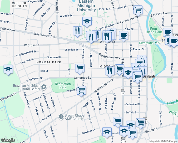 map of restaurants, bars, coffee shops, grocery stores, and more near 11 North Normal Street in Ypsilanti