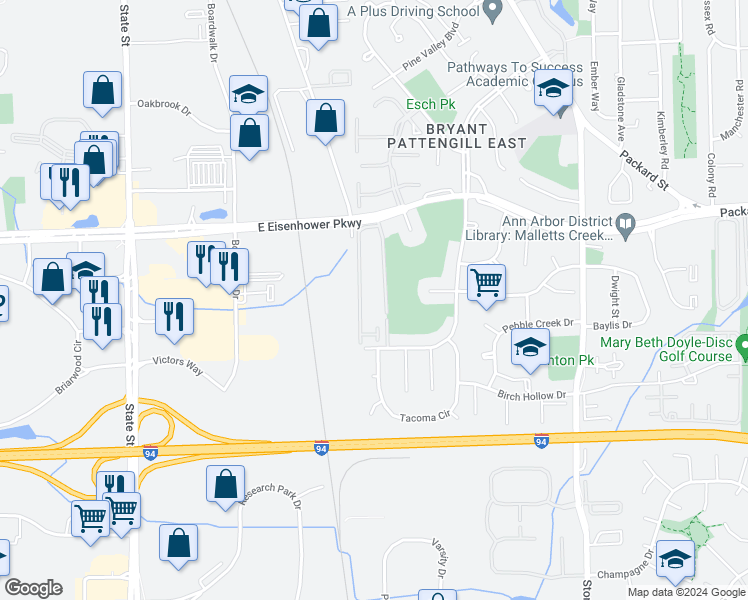 map of restaurants, bars, coffee shops, grocery stores, and more near 3304 Alpine Drive in Ann Arbor