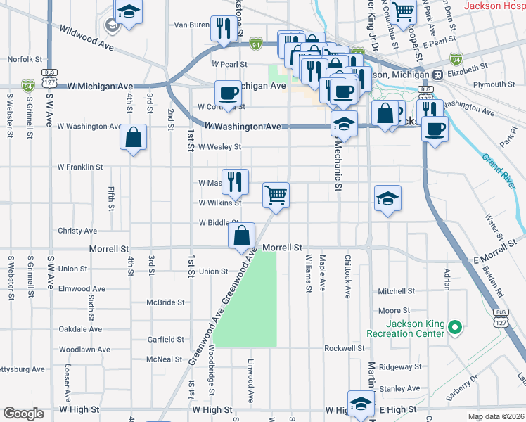 map of restaurants, bars, coffee shops, grocery stores, and more near 232 West Biddle Street in Jackson