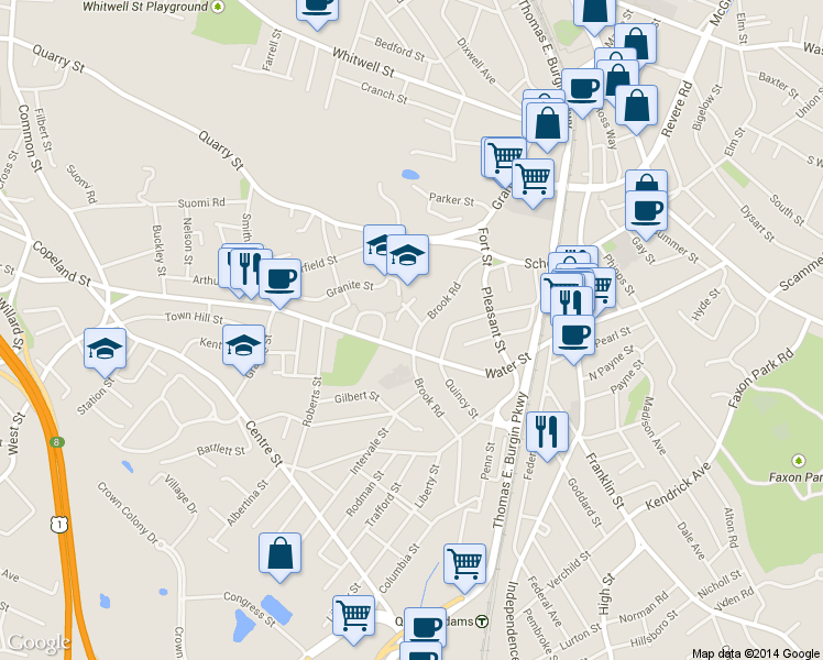 map of restaurants, bars, coffee shops, grocery stores, and more near 87 Brook Road in Quincy