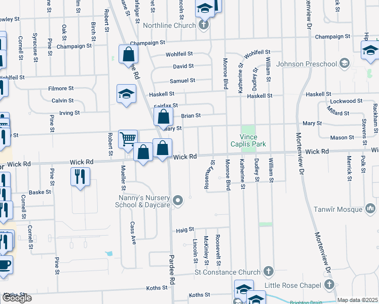 map of restaurants, bars, coffee shops, grocery stores, and more near 22234 Wick Road in Taylor