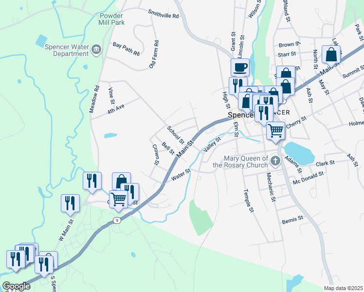 map of restaurants, bars, coffee shops, grocery stores, and more near 41 Main Street in Spencer