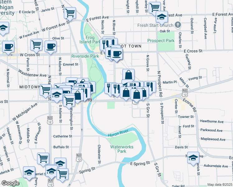 map of restaurants, bars, coffee shops, grocery stores, and more near 14 North River Street in Ypsilanti