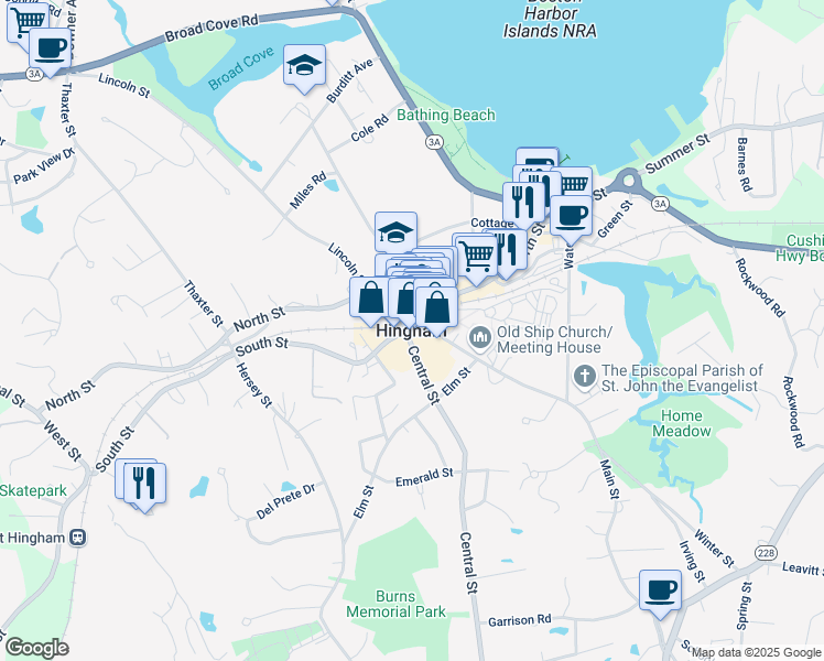 map of restaurants, bars, coffee shops, grocery stores, and more near in Hingham