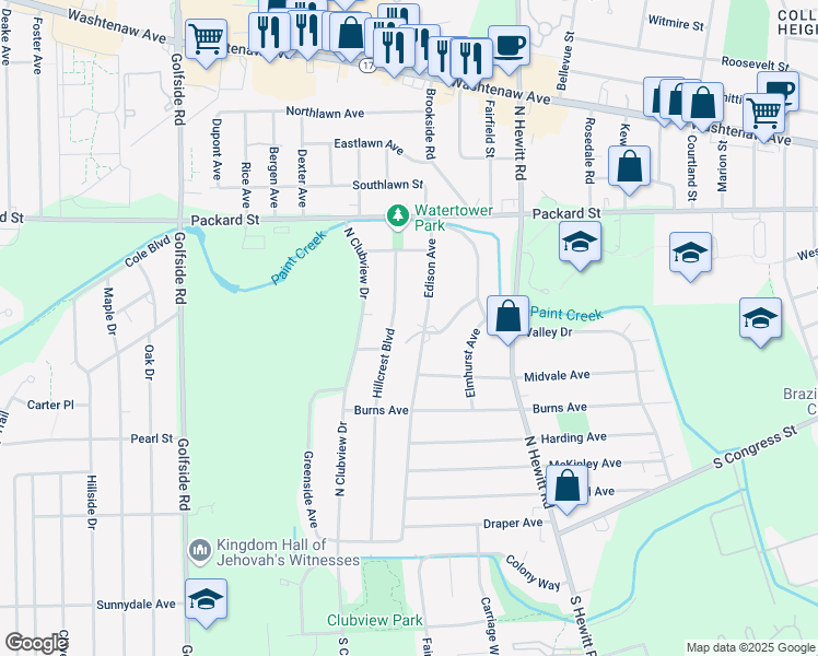 map of restaurants, bars, coffee shops, grocery stores, and more near 30 Senate Avenue in Ypsilanti