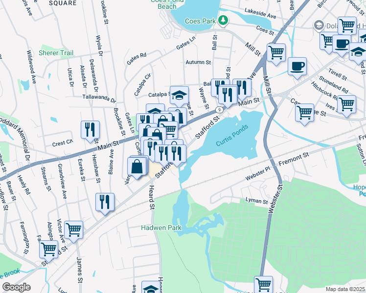 map of restaurants, bars, coffee shops, grocery stores, and more near 54 Stafford Street in Worcester