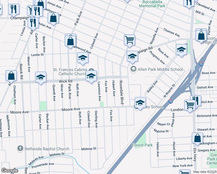 map of restaurants, bars, coffee shops, grocery stores, and more near 9278 Fox Avenue in Allen Park