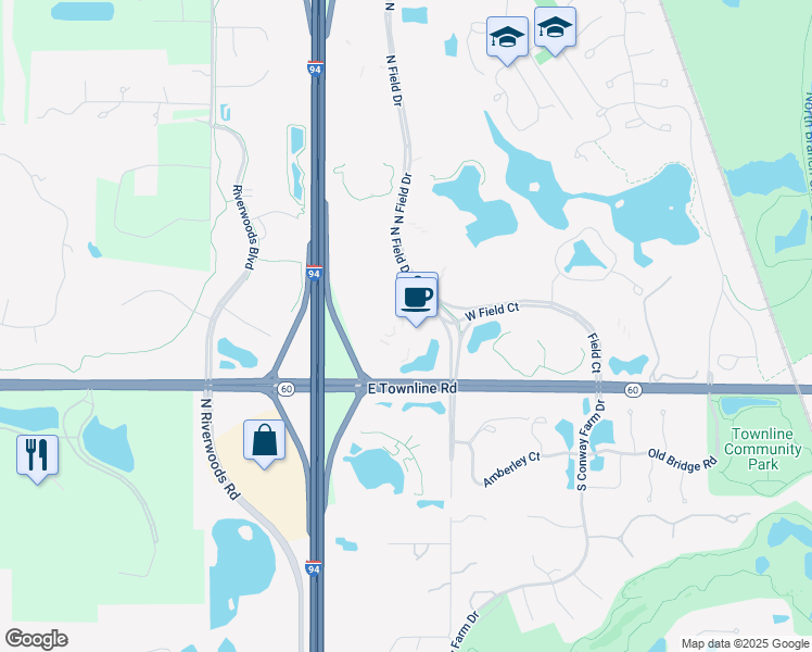 map of restaurants, bars, coffee shops, grocery stores, and more near 100 North Field Drive in Lake Forest
