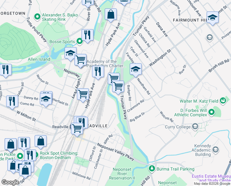 map of restaurants, bars, coffee shops, grocery stores, and more near 1035 Truman Parkway in Boston