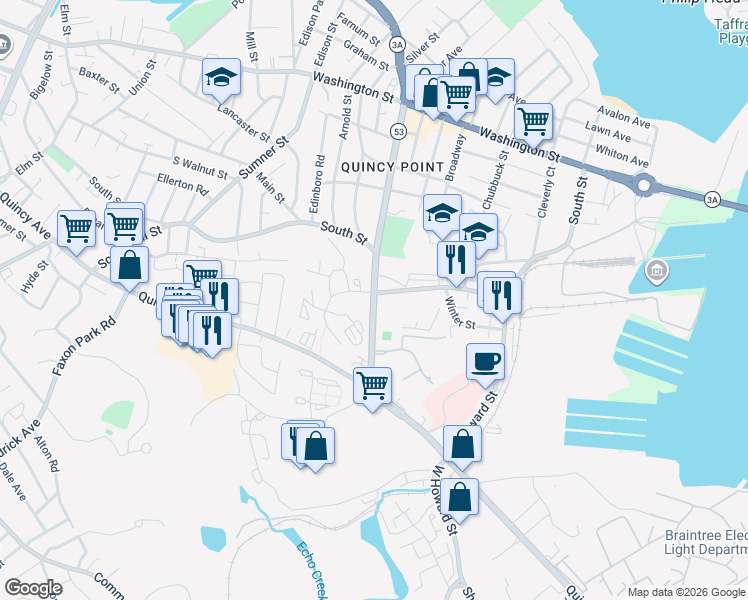 map of restaurants, bars, coffee shops, grocery stores, and more near 1023 Southern Artery in Quincy