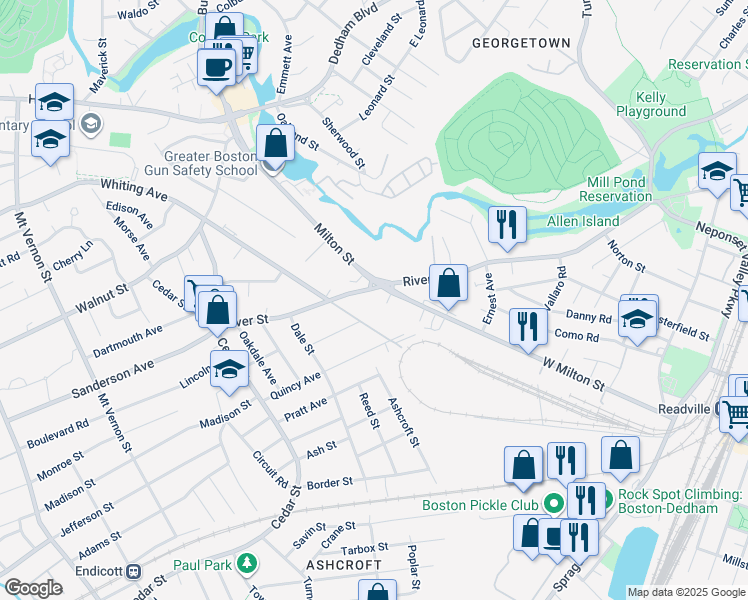 map of restaurants, bars, coffee shops, grocery stores, and more near 98 River Street in Dedham