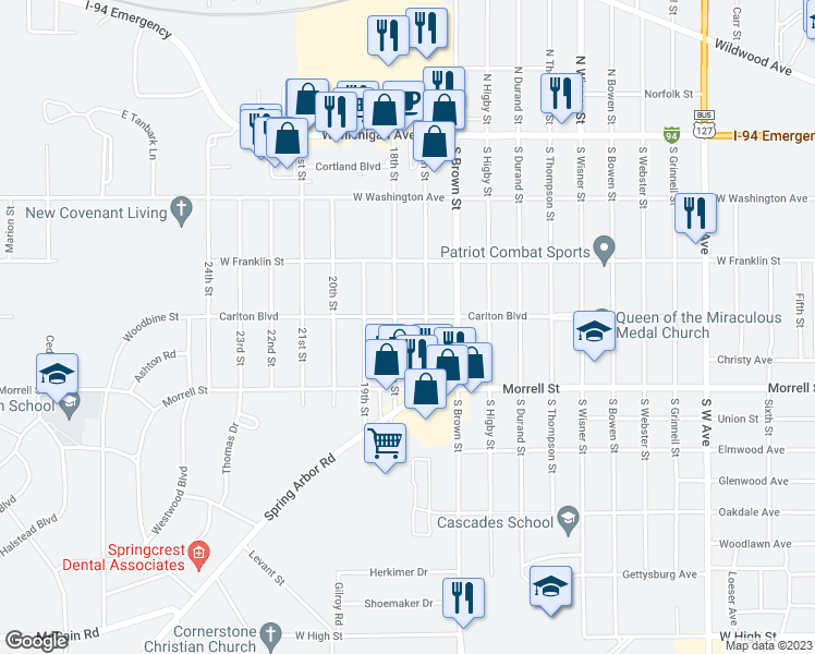 map of restaurants, bars, coffee shops, grocery stores, and more near 1707 Carlton Boulevard in Jackson