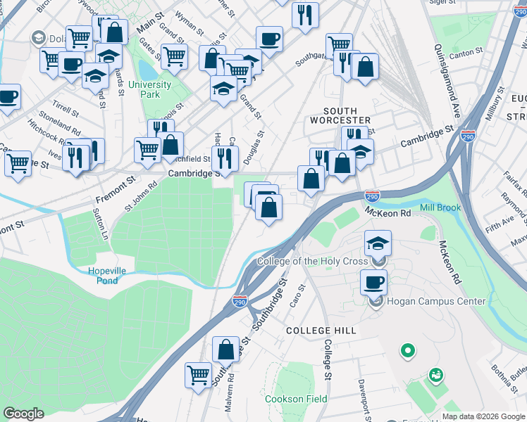 map of restaurants, bars, coffee shops, grocery stores, and more near 3 Brussels Street in Worcester
