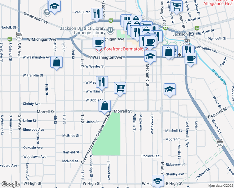 map of restaurants, bars, coffee shops, grocery stores, and more near 702 Greenwood Avenue in Jackson