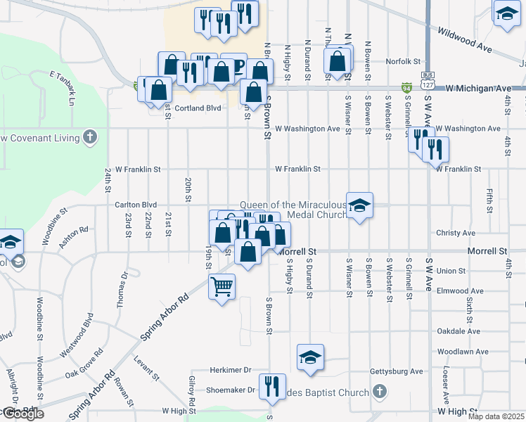 map of restaurants, bars, coffee shops, grocery stores, and more near 704 South Brown Street in Jackson