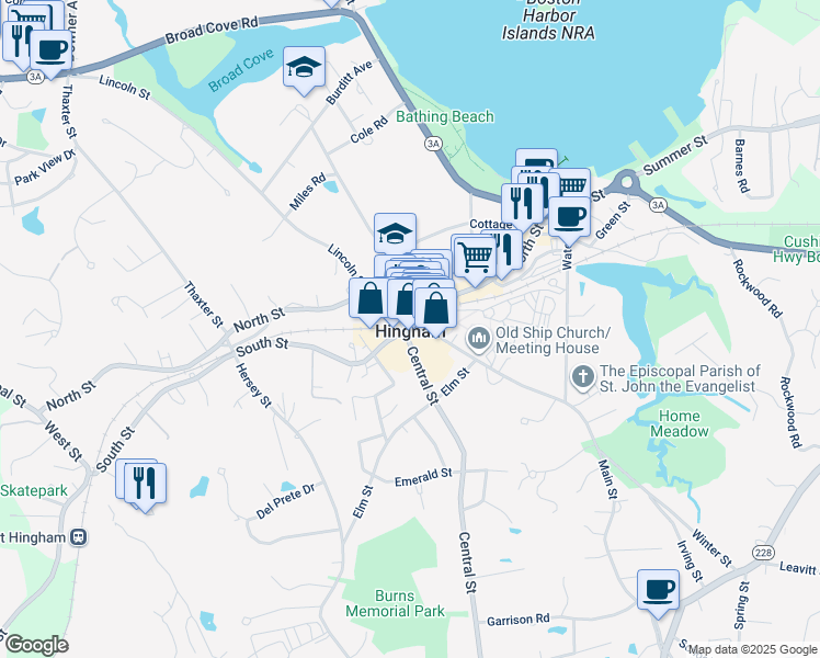 map of restaurants, bars, coffee shops, grocery stores, and more near in Hingham