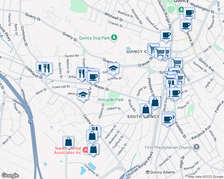 map of restaurants, bars, coffee shops, grocery stores, and more near 12 Roberts Street in Quincy