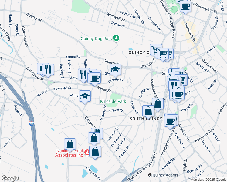 map of restaurants, bars, coffee shops, grocery stores, and more near 12 Roberts Street in Quincy