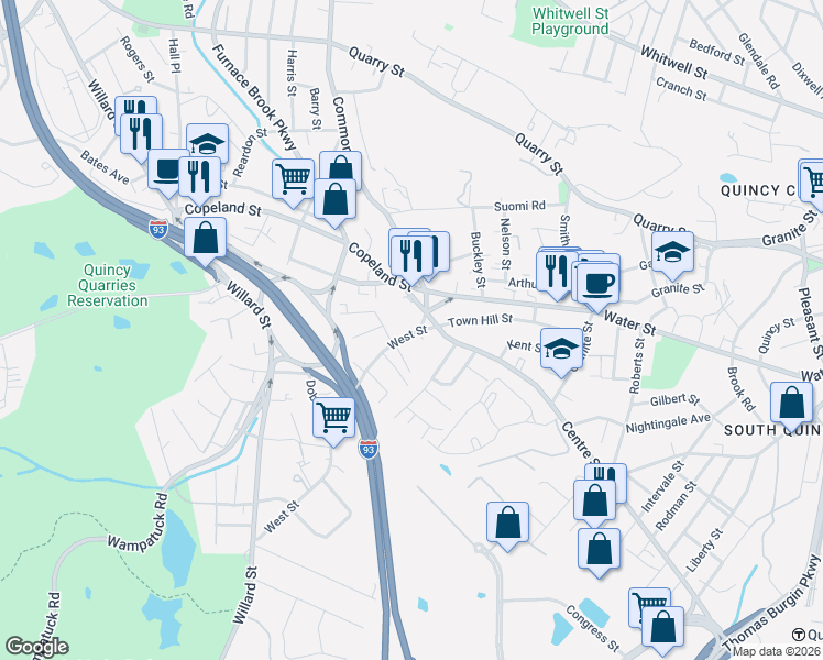map of restaurants, bars, coffee shops, grocery stores, and more near 42 West Street in Quincy