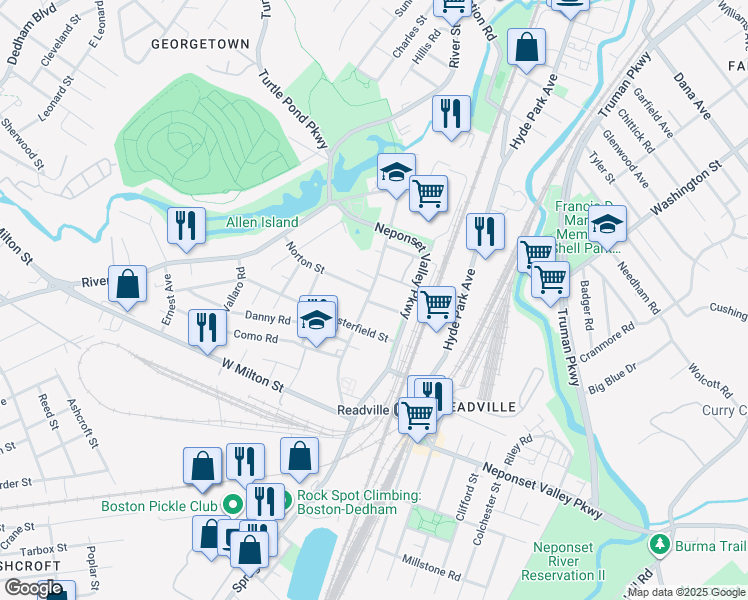 map of restaurants, bars, coffee shops, grocery stores, and more near 108 Readville Street in Boston