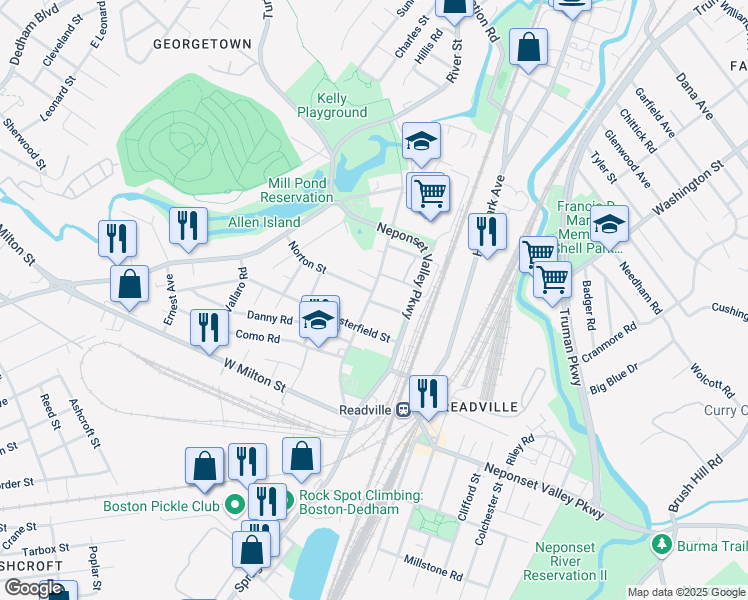 map of restaurants, bars, coffee shops, grocery stores, and more near 108 Readville Street in Boston