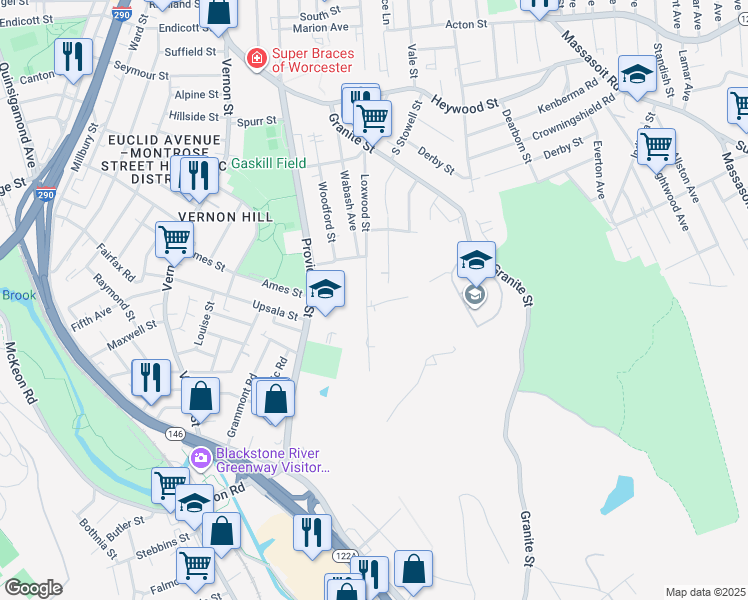 map of restaurants, bars, coffee shops, grocery stores, and more near 2 Bolton Street in Worcester