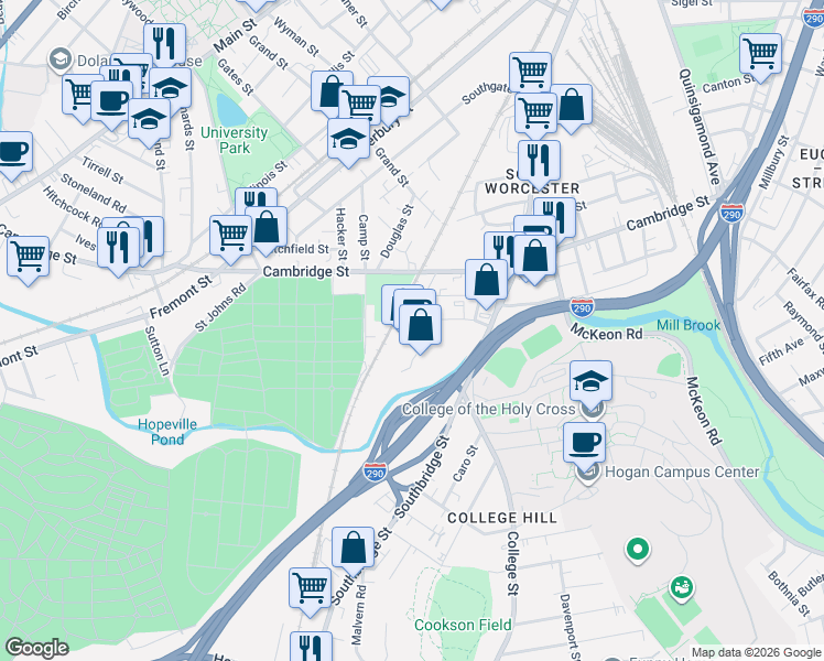 map of restaurants, bars, coffee shops, grocery stores, and more near 3 Brussels Street in Worcester