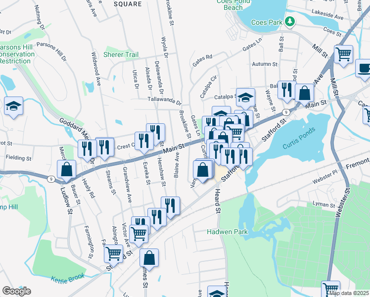 map of restaurants, bars, coffee shops, grocery stores, and more near 17 Cleveland Avenue in Worcester