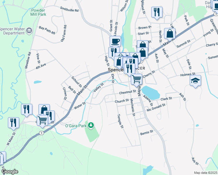 map of restaurants, bars, coffee shops, grocery stores, and more near 30 Elm Street in Spencer