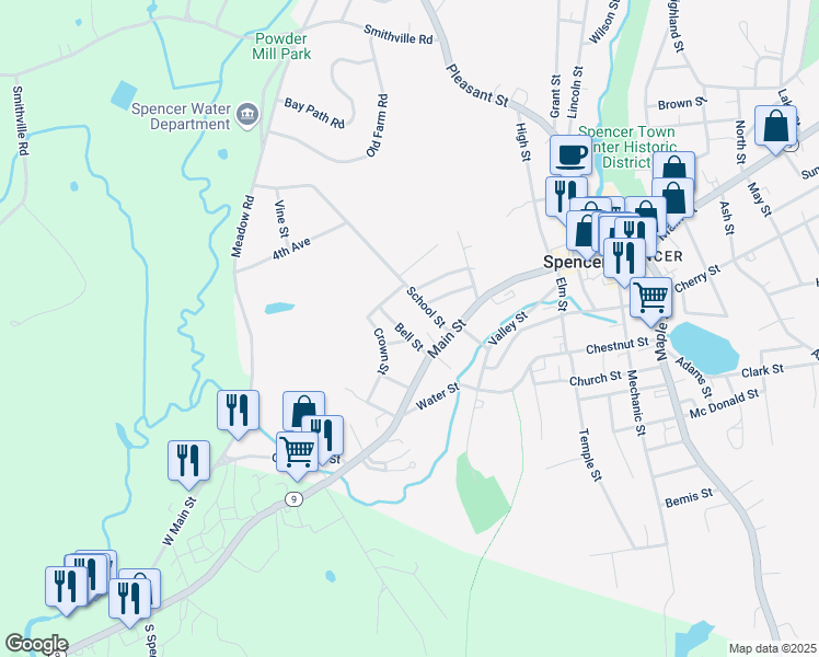 map of restaurants, bars, coffee shops, grocery stores, and more near 3 Bell Street in Spencer