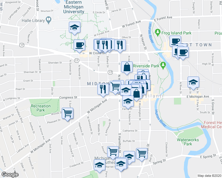 map of restaurants, bars, coffee shops, grocery stores, and more near 8 Ballard Street in Ypsilanti