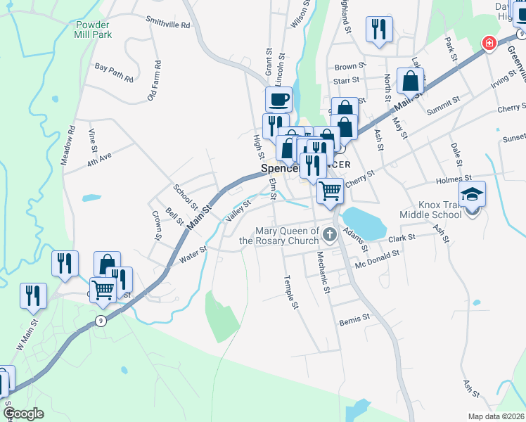 map of restaurants, bars, coffee shops, grocery stores, and more near 9 Pearl Street in Spencer