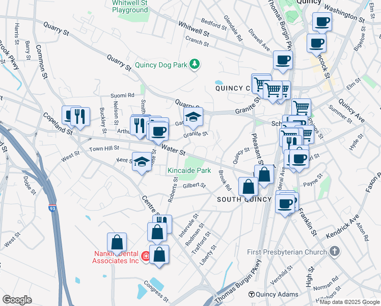 map of restaurants, bars, coffee shops, grocery stores, and more near 12 Roberts Street in Quincy