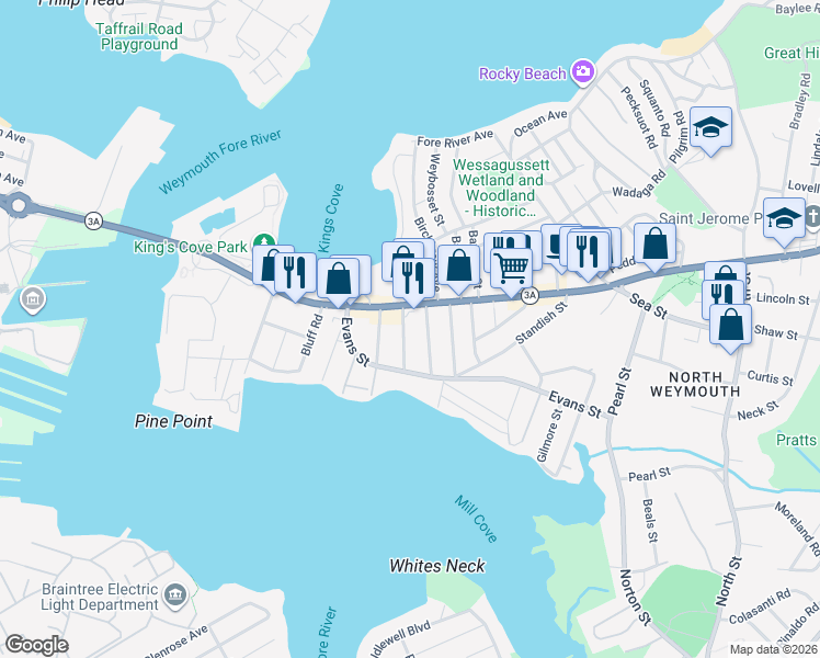 map of restaurants, bars, coffee shops, grocery stores, and more near 29 Sherwood Road in Weymouth