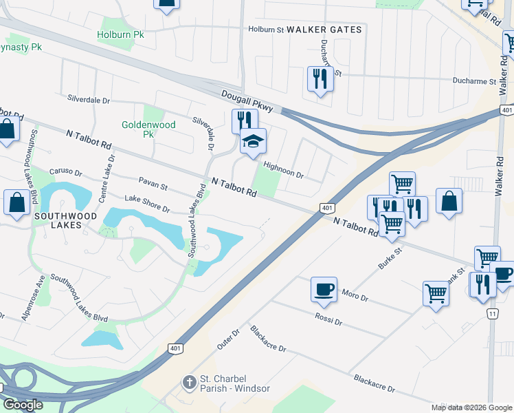 map of restaurants, bars, coffee shops, grocery stores, and more near in Windsor