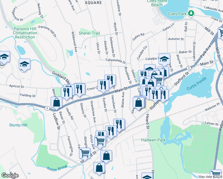 map of restaurants, bars, coffee shops, grocery stores, and more near 1333 Main Street in Worcester